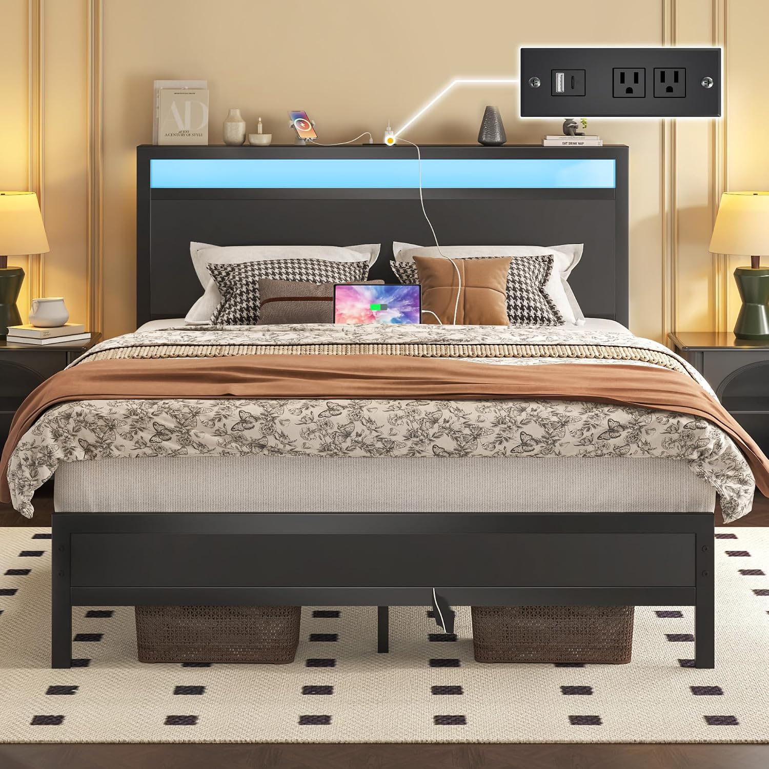 Fluest Queen Bed Frame with Headboard & Footboard, Bed Frame with Built-in Charging Station & LED Light, Storage Shelf, Noise-Free, No Box Spring Needed, Easy Assembly, Classic Black