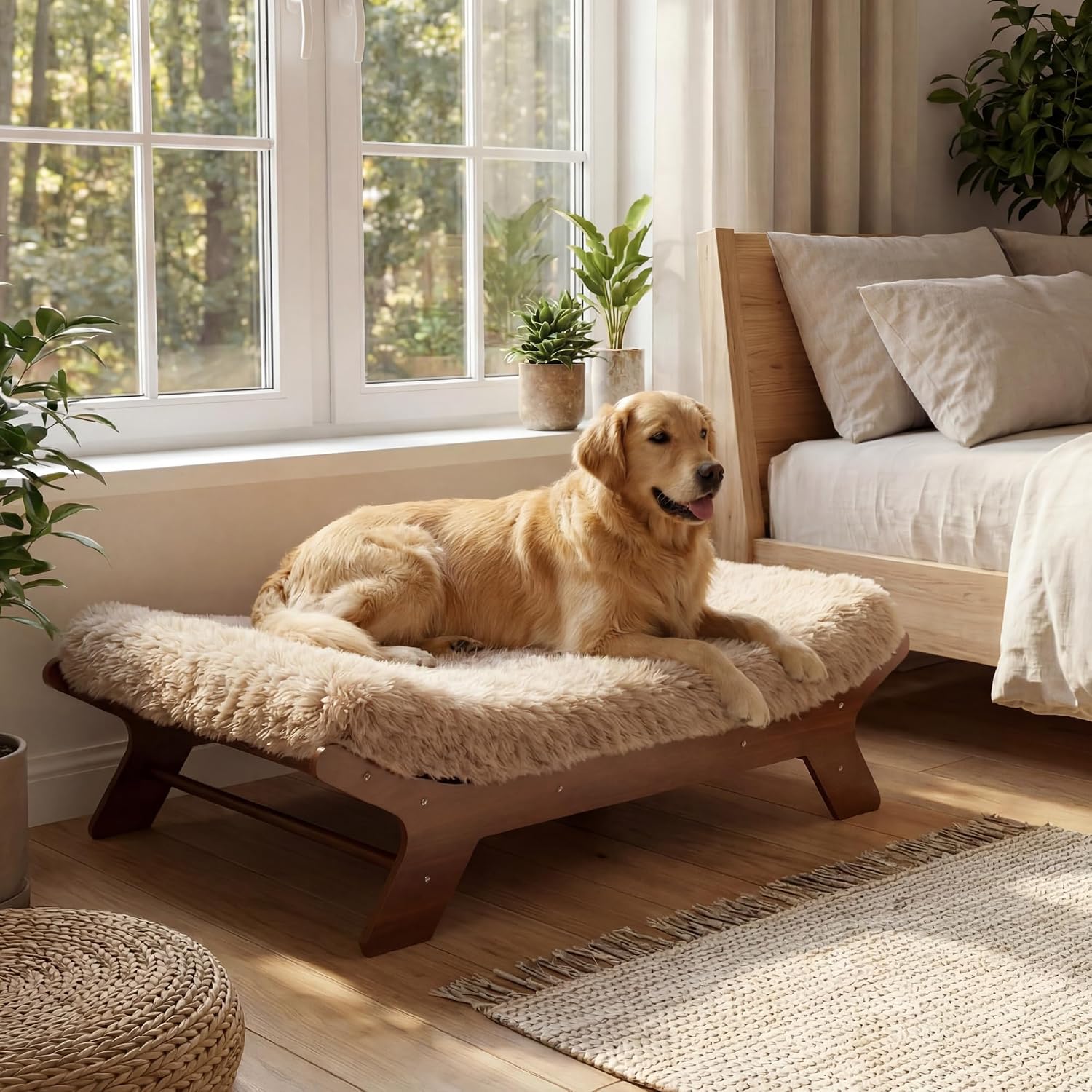 Muihood Elevated Wooden Dog Bed with Foam Mattress, Walnut, X-Large | Raised Dog Bed with Washable Cover, Supportive Foam Mattress, Perfect for X-Large Dogs and Indoor Living