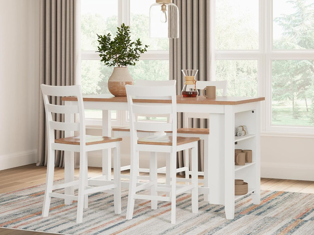 Signature Design by Ashley Gesthaven Counter Height Bar Stool, Set of 2, 24.25" Stools with Ladder Back, Solid Wood Frame, Contoured Mango Wood Veneer Seat, Kitchen Island Dining, Natural and White