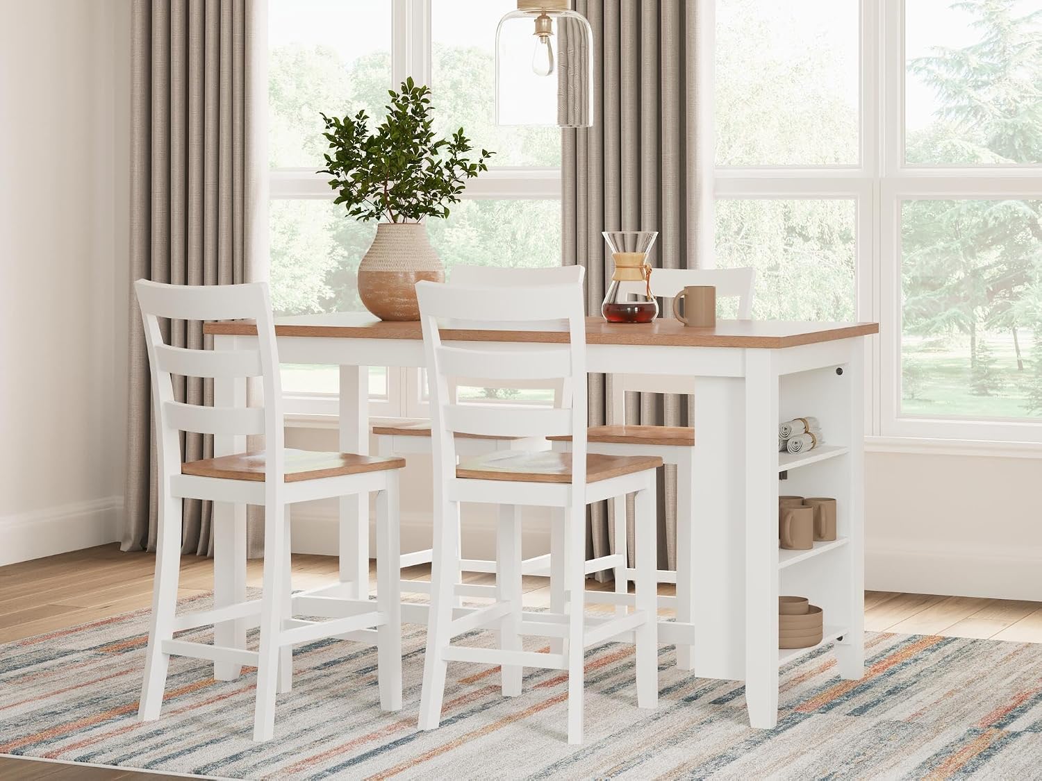 Signature Design by Ashley Gesthaven Counter Height Bar Stool, Set of 2, 24.25" Stools with Ladder Back, Solid Wood Frame, Contoured Mango Wood Veneer Seat, Kitchen Island Dining, Natural and White