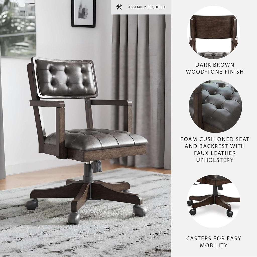Signature Design by Ashley Breckington Contemporary Faux Leather Tufted Home Office Desk Chair with Adjustable Height and Casters, Solid Wood, 28.75" W x 28.75" D x 38" H, Dark Brown