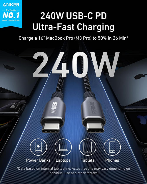 Anker Prime USB C to USB C Cable, 240W Fast Charging Cable (6 FT) | Upcycled braided nylon USB 2.0 cable with 100-year bend durability for iPhone 17/17 Pro/17 Pro Max, MacBook, Galaxy S24