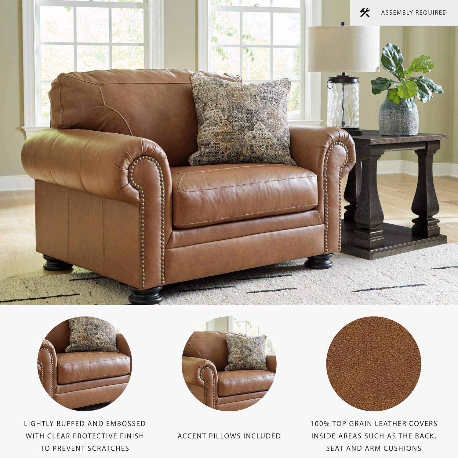 Signature Design by Ashley Carianna Oversized Chair, Fully Assembled Extra Wide Seating, Caramel Combination of Leather and Faux Leather, Traditional Accent Armchair, 54" W