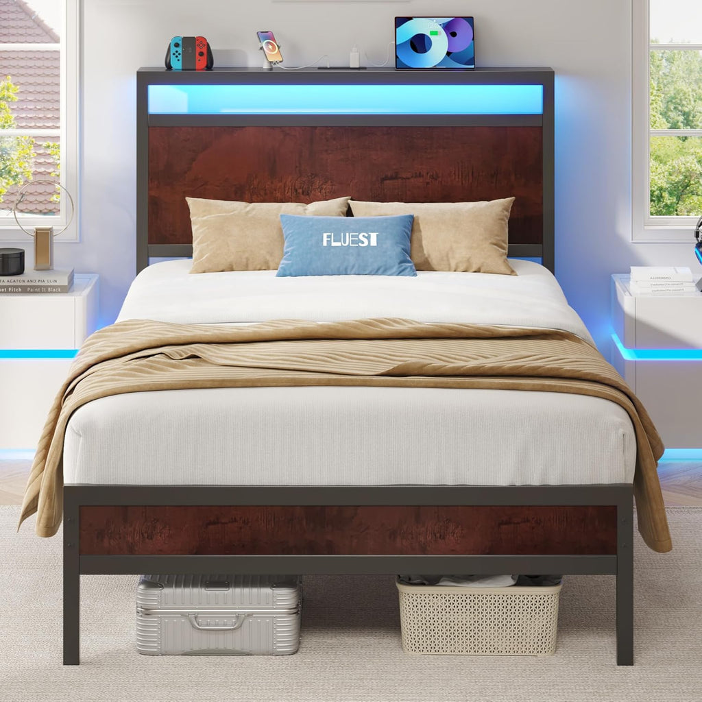 Fluest Queen Bed Frame with Headboard & Footboard, Bed Frame with Built-in Charging Station & LED Light, Storage Shelf, Noise-Free, No Box Spring Needed, Easy Assembly, Classic Black