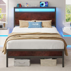 Fluest Queen Bed Frame with Headboard & Footboard, Bed Frame with Built-in Charging Station & LED Light, Storage Shelf, Noise-Free, No Box Spring Needed, Easy Assembly, Classic Black