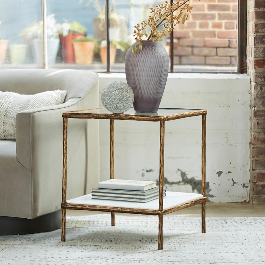 Signature Design by Ashley Ryandale Square Accent Table for Living Room, Sand‑Casted Aluminum Frame With Brass Finish, Glass Top and White Marble Shelf, 21" Size
