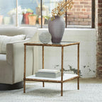 Signature Design by Ashley Ryandale Square Accent Table for Living Room, Sand‑Casted Aluminum Frame With Brass Finish, Glass Top and White Marble Shelf, 21" Size