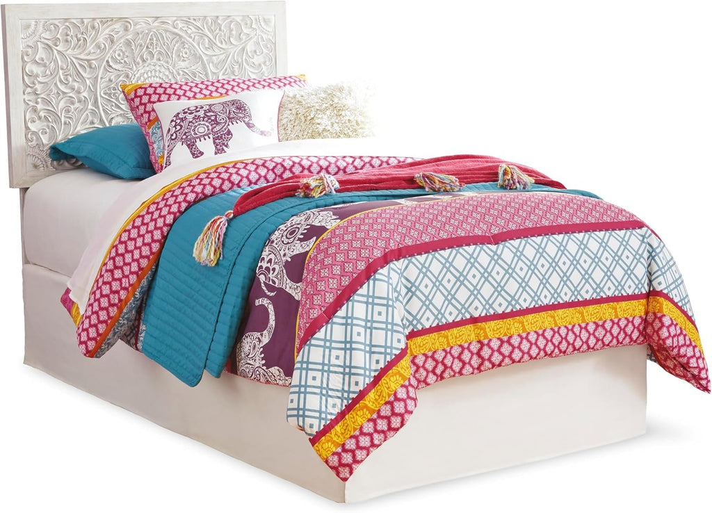 Signature Design by Ashley Paxberry Twin Headboard, Whitewash Carved Medallion Panel, Engineered Wood, Adjustable Height for Girls Youth Bedroom