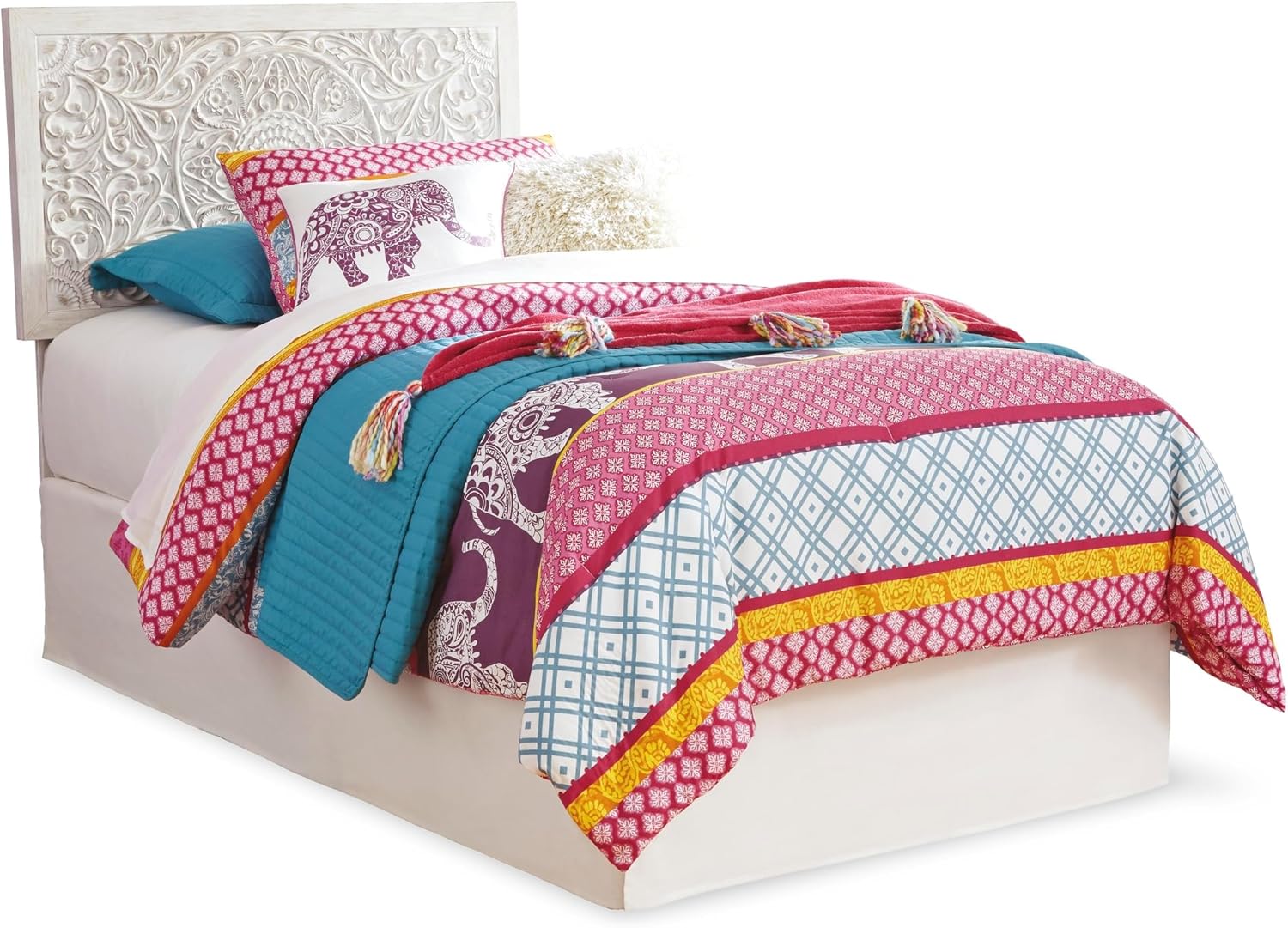 Signature Design by Ashley Paxberry Twin Headboard, Whitewash Carved Medallion Panel, Engineered Wood, Adjustable Height for Girls Youth Bedroom