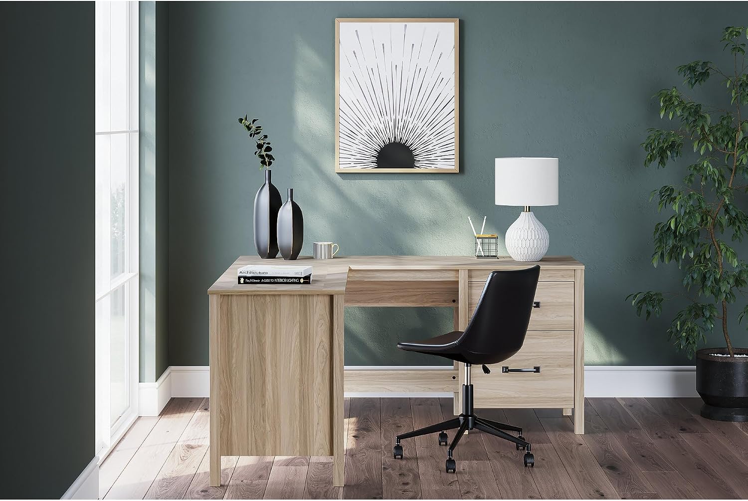 Signature Design by Ashley Battelle Scandinavian 60" Home Office Desk with Return, Drawer and Cabinet, Light Brown