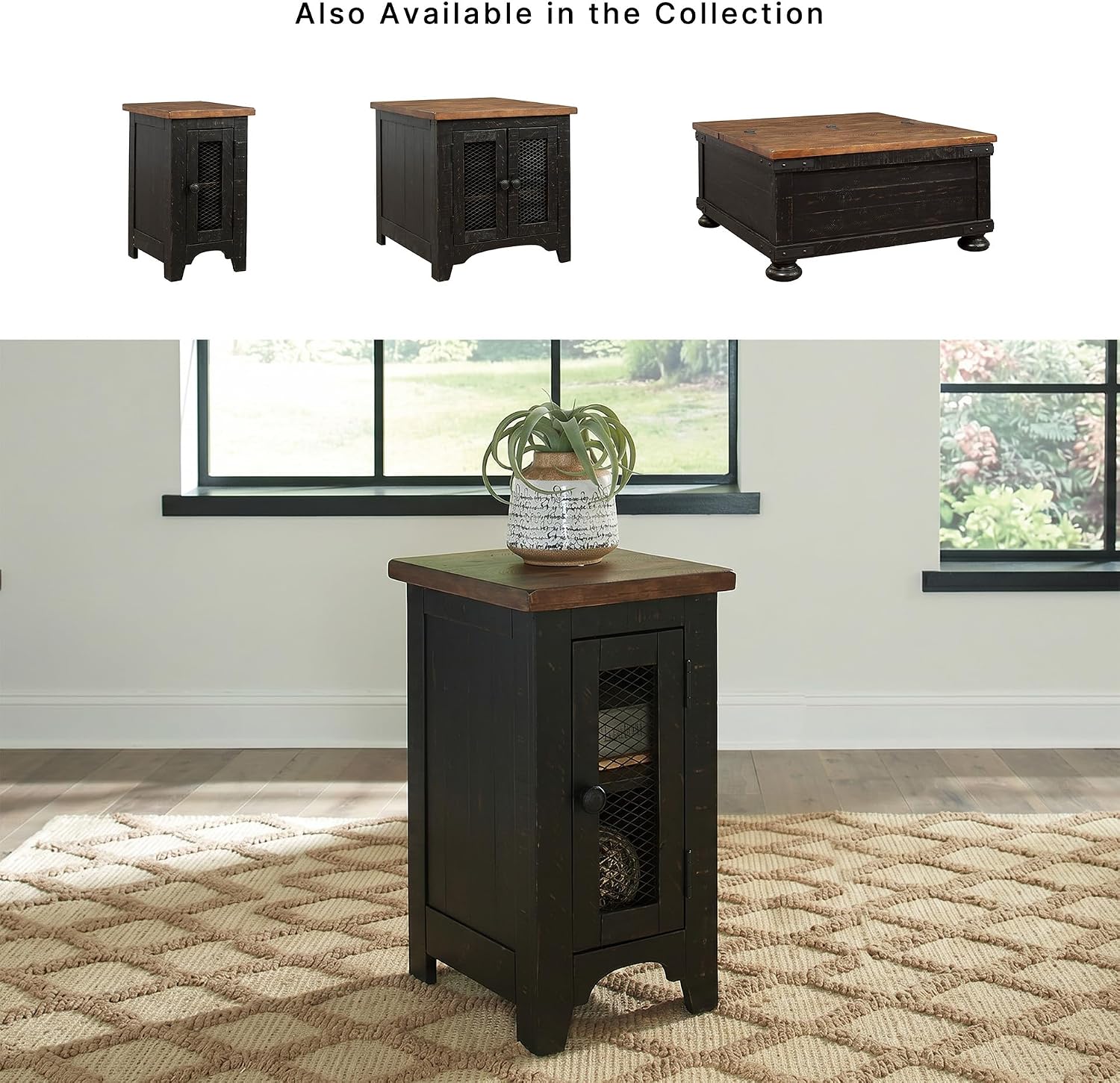 Signature Design by Ashley Valebeck Chairside End Table, Small Side Table with Storage Cabinet for Living Room Decor, Pine Veneers, Pine Wood, and Engineered Wood, Distressed Black/Brown