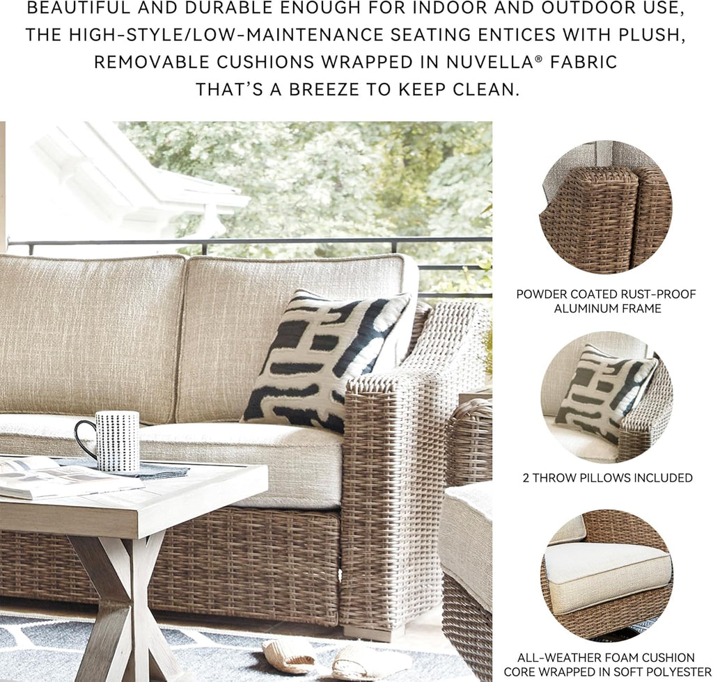 Signature Design by Ashley Beachcroft Outdoor Loveseat with High-Performance Nuvella Cushions, Resin Wicker on Rust-Resistant Aluminum Frame for Patio Seating, Beige