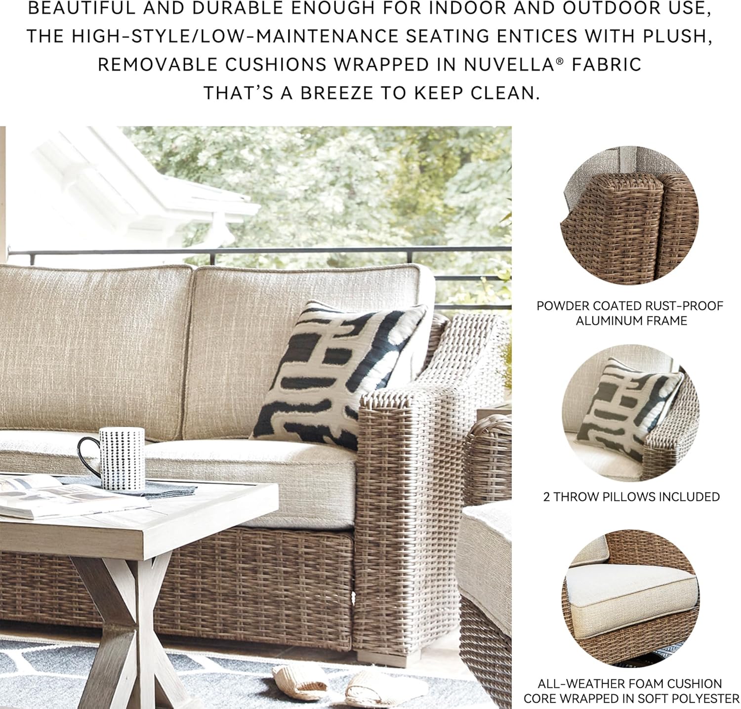Signature Design by Ashley Beachcroft Outdoor Loveseat with High-Performance Nuvella Cushions, Resin Wicker on Rust-Resistant Aluminum Frame for Patio Seating, Beige