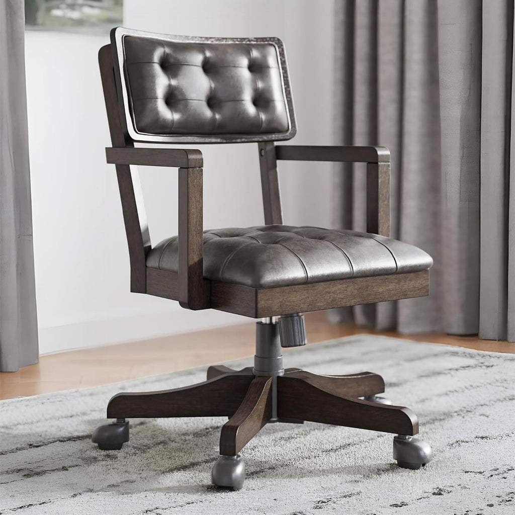 Signature Design by Ashley Breckington Contemporary Faux Leather Tufted Home Office Desk Chair with Adjustable Height and Casters, Solid Wood, 28.75" W x 28.75" D x 38" H, Dark Brown