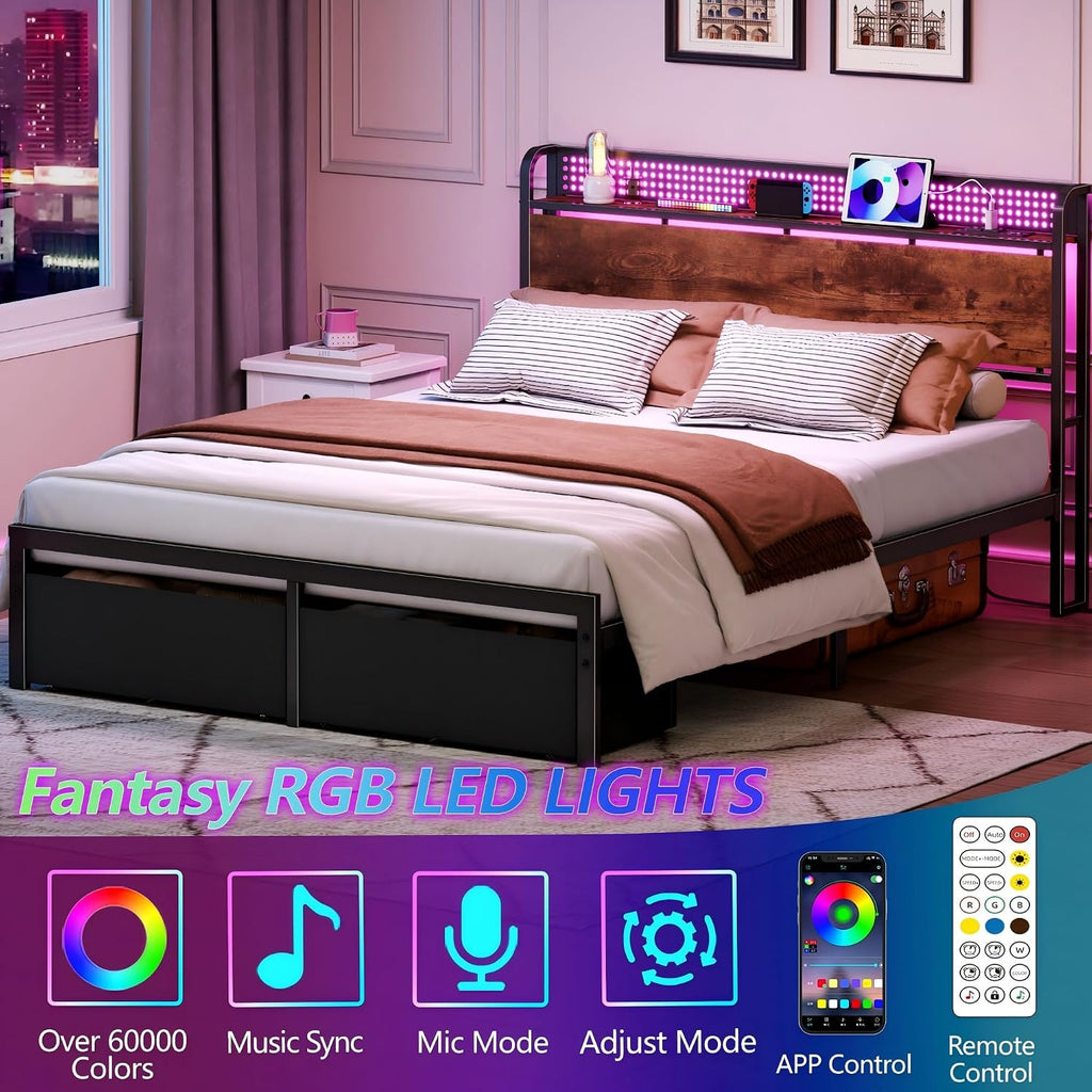Furnulem Queen Size Bed Frame with Headboard Storage, Platform Bed Frame Queen Size with 2 Drawers, Charging Station and LED Lights, No Box Spring Needed, Noise Free, Easy Assembly (1200 lbs Capacity)