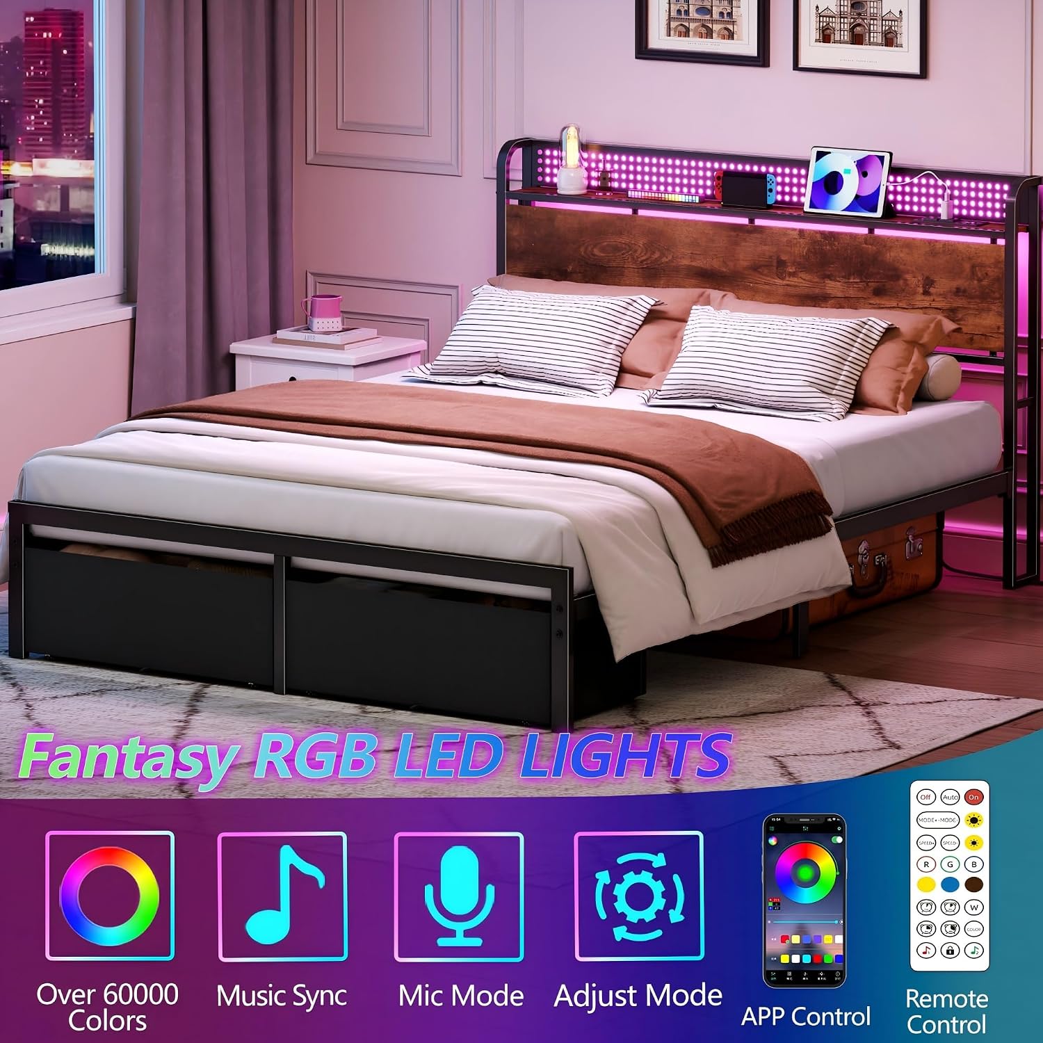 Furnulem Queen Size Bed Frame with Headboard Storage, Platform Bed Frame Queen Size with 2 Drawers, Charging Station and LED Lights, No Box Spring Needed, Noise Free, Easy Assembly (1200 lbs Capacity)