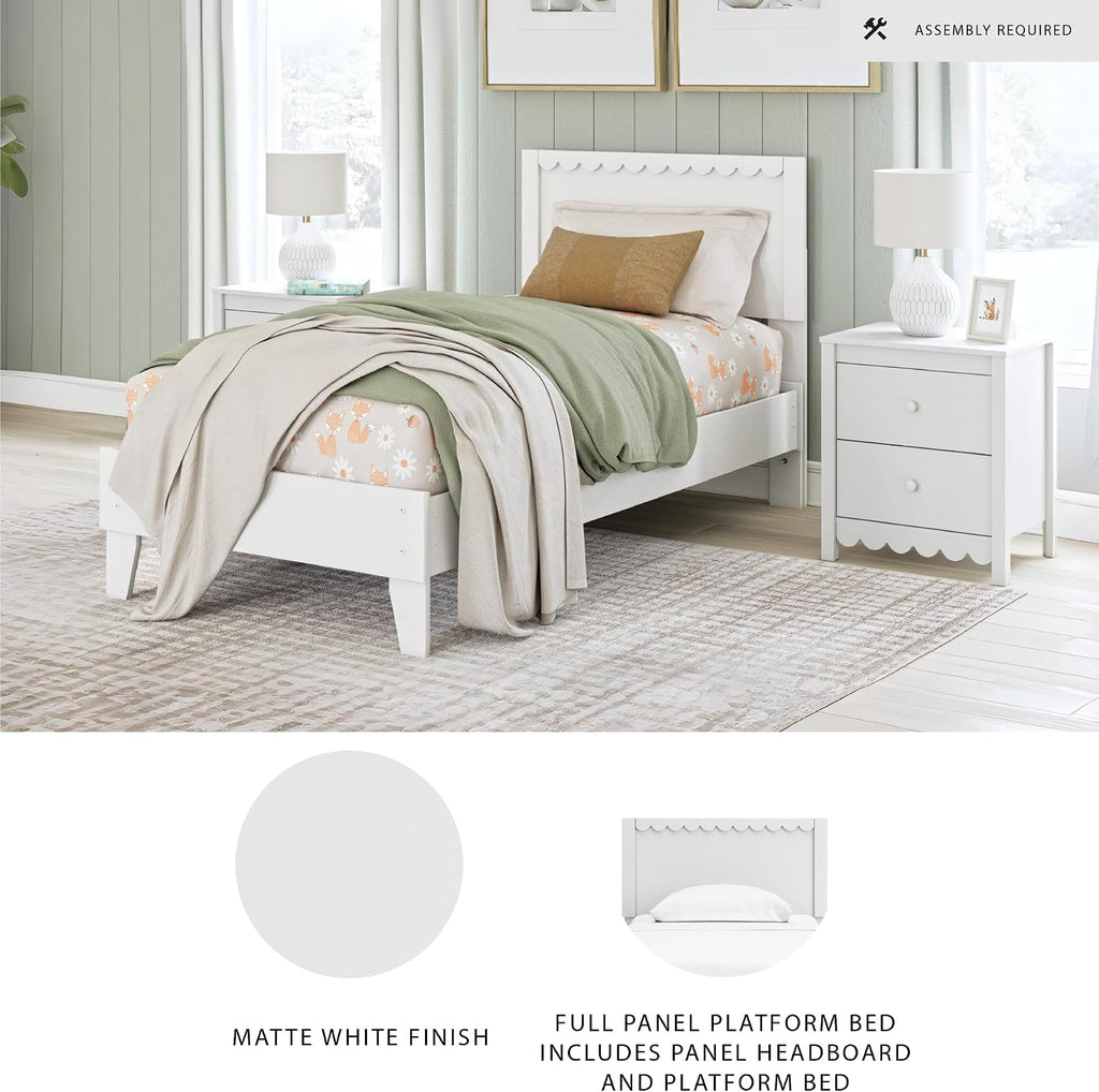 Signature Design by Ashley Hallityn Twin Panel Platform Bed, Casual Scalloped Bed Frame, Engineered Wood, for Kids and Youth Bedrooms, Matte White