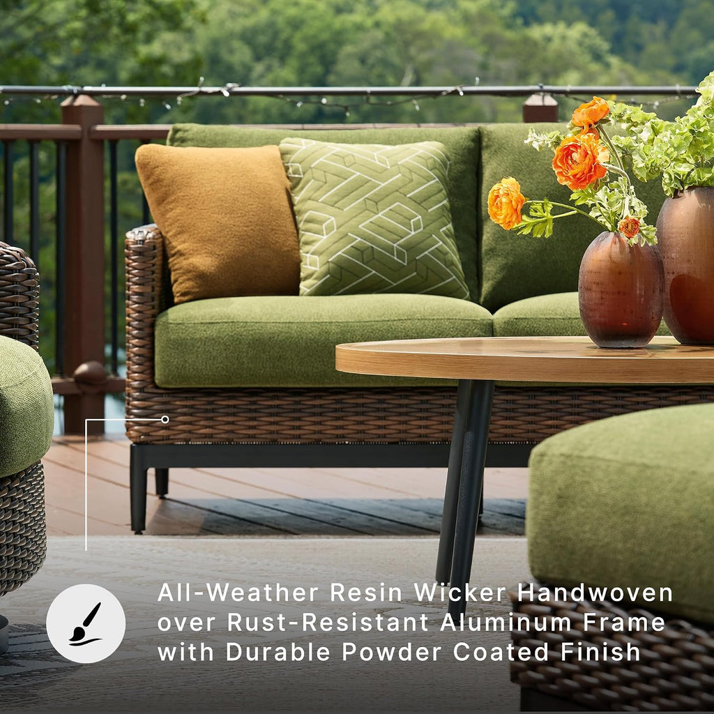 Ashley Horizon Hall Outdoor Loveseat with Cushion, UV-Resistant Nuvella Fabric, Resin Wicker & Aluminum Frame, Ideal for Deck or Lanai Furniture, Brown/Green