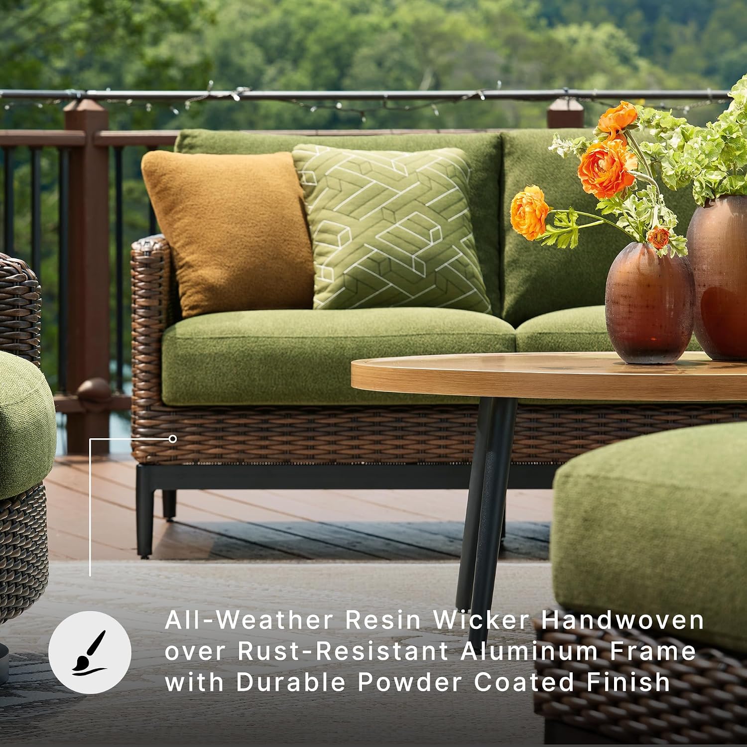 Ashley Horizon Hall Outdoor Loveseat with Cushion, UV-Resistant Nuvella Fabric, Resin Wicker & Aluminum Frame, Ideal for Deck or Lanai Furniture, Brown/Green