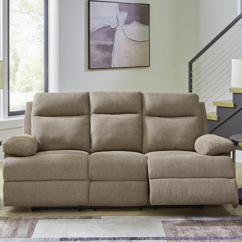 Signature Design by Ashley Reclining Sofa with Drop Down Table and USB Charging, Yarrow Lane Yarrow Lane Collection, Manual Pull Tab, Chenille Fabric for Living Room Comfort, Mocha Brown, 86" W