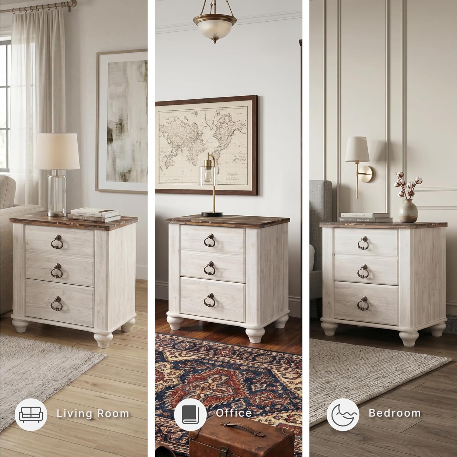Signature Design by Ashley Willowton Farmhouse 2 Drawer Nightstand with USB Charging Ports, 25.67" Tall, Whitewash
