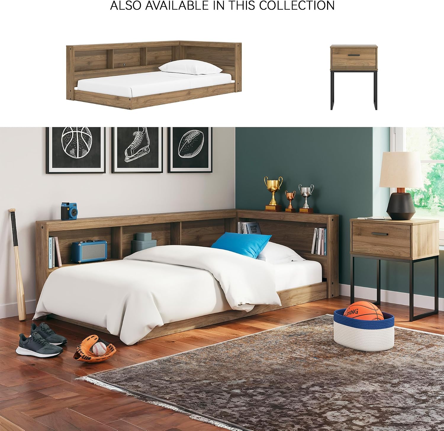 Signature Design by Ashley Deanlow Bookcase Storage Bed, Replicated Walnut Wood-Look Platform, Mid-Century Modern Casual Style, Integrated Bookshelf Side Rails, Honey Brown, Twin