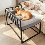 Bedside Dog Bed, Height Adjustable Elevated Co-Sleeper for Medium Large Dogs, Fits Low to High Beds (28-37in), Heavy-Duty Metal Bunk Bed Frame with Safety Side Rails & Washable Cushion