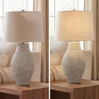 Signature Design by Ashley Layal Modern Table Lamp, Textured Paper Composite Base, Modified Drum Shade, 3-Way Switch Lighting for Living Room or Bedroom, 16 Inch Diameter, Beige