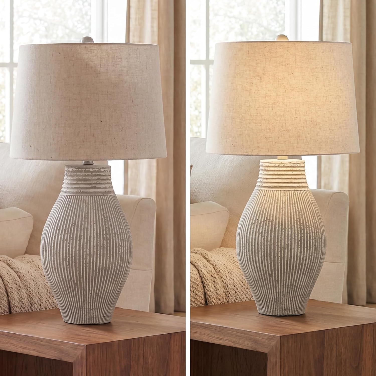 Signature Design by Ashley Layal Modern Table Lamp, Textured Paper Composite Base, Modified Drum Shade, 3-Way Switch Lighting for Living Room or Bedroom, 16 Inch Diameter, Beige