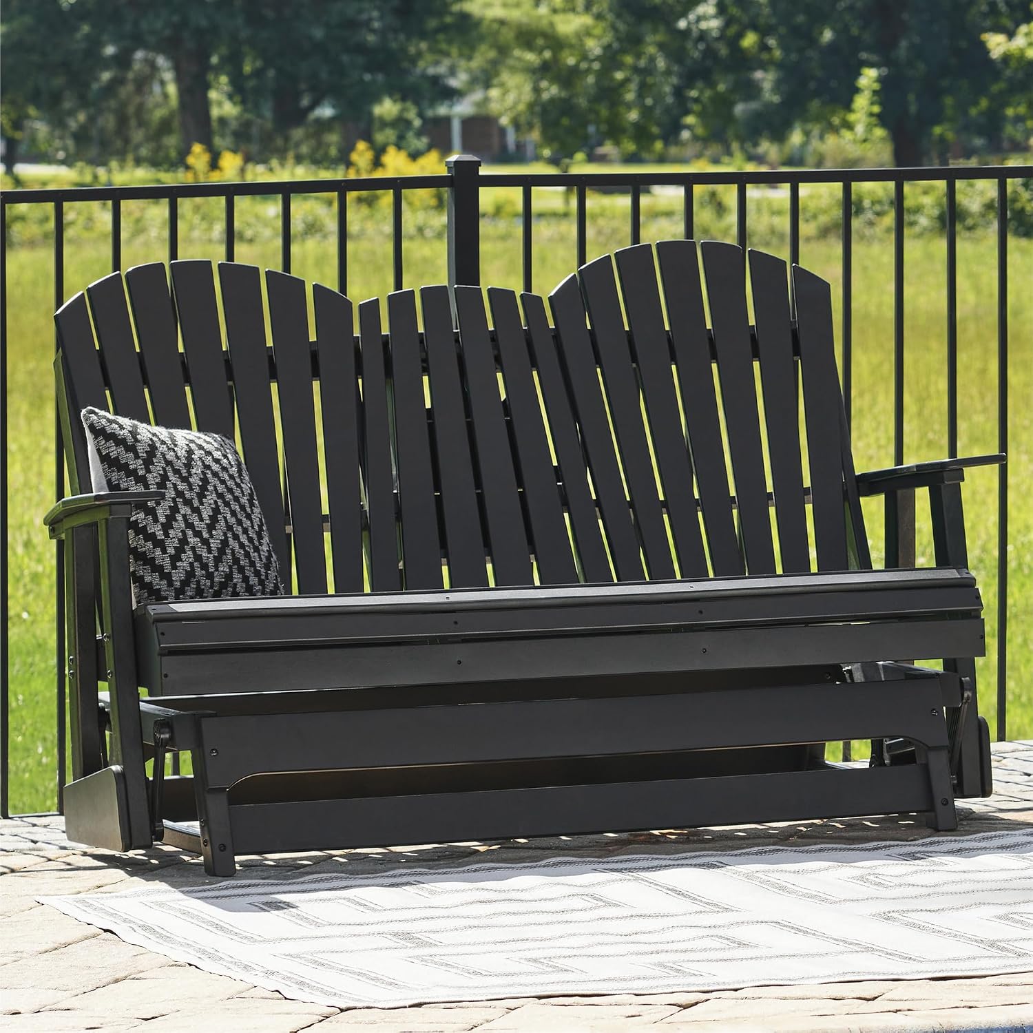 Signature Design by Ashley Hyland Wave Modern Weather Resistant HDPE Outdoor Glider Loveseat with Drop Down Table and 2 Cup Holders, Black