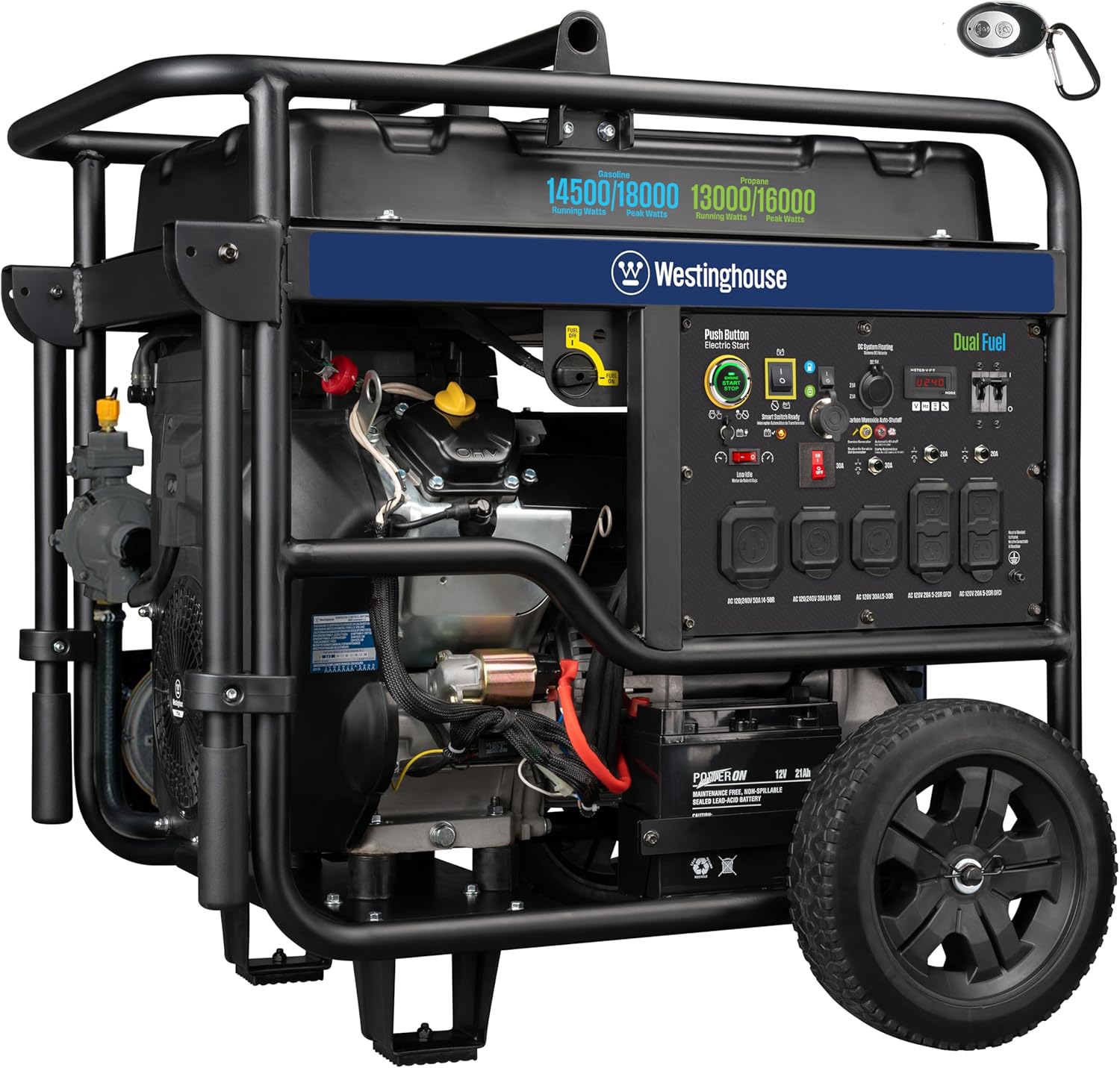 Westinghouse 18000 Peak Watt Dual Fuel Home Backup Portable Generator, Remote Electric Start, Transfer Switch Ready, Gas & Propane Powered, CO Sensor