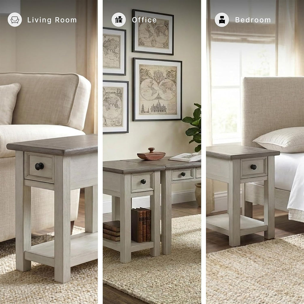 Signature Design by Ashley Bolanburg Chairside End Table With Charging Station, Two-Tone Wood Accent Table With Drawer Storage, Plank Top Design for Living Room or Bedroom, Antique White
