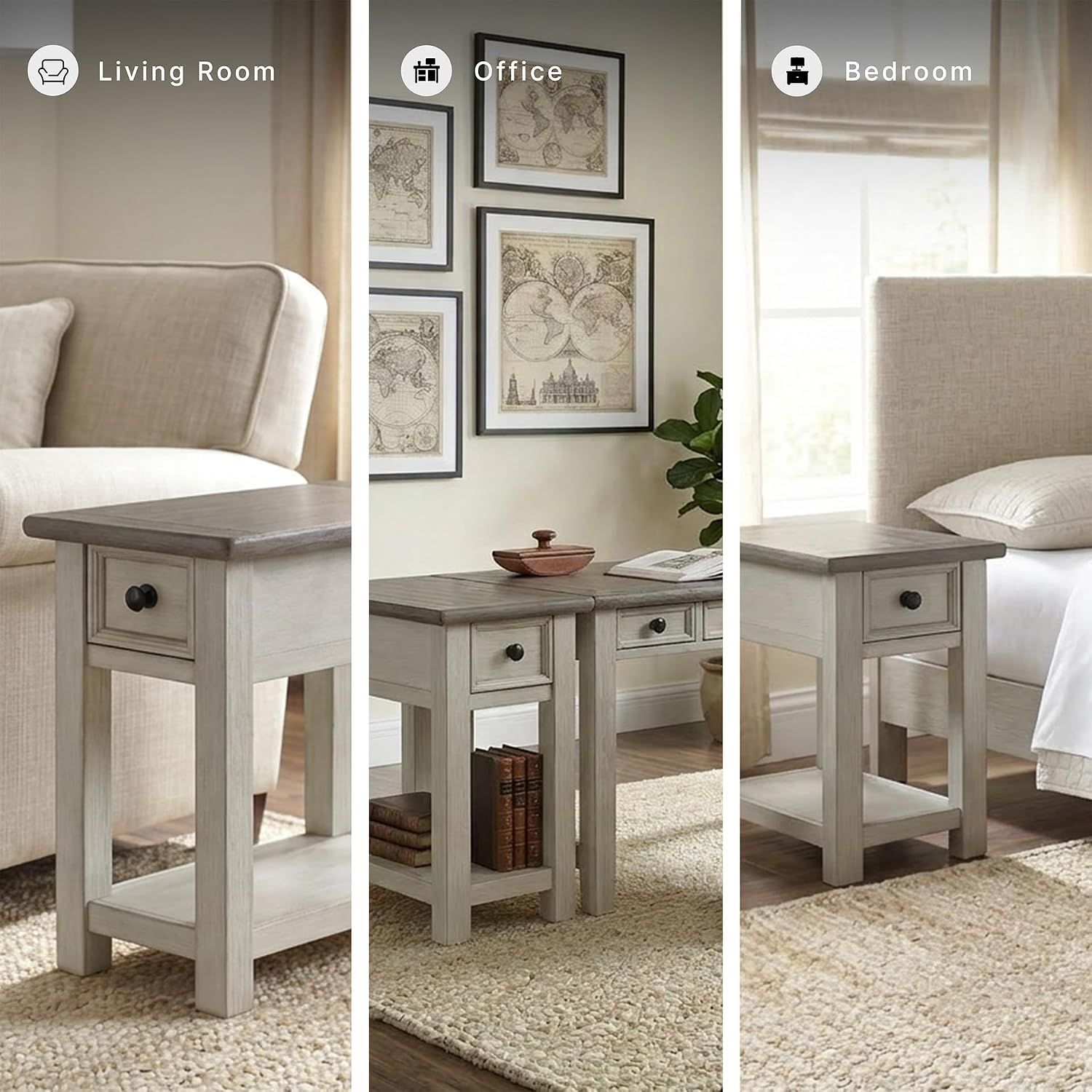 Signature Design by Ashley Bolanburg Chairside End Table With Charging Station, Two-Tone Wood Accent Table With Drawer Storage, Plank Top Design for Living Room or Bedroom, Antique White
