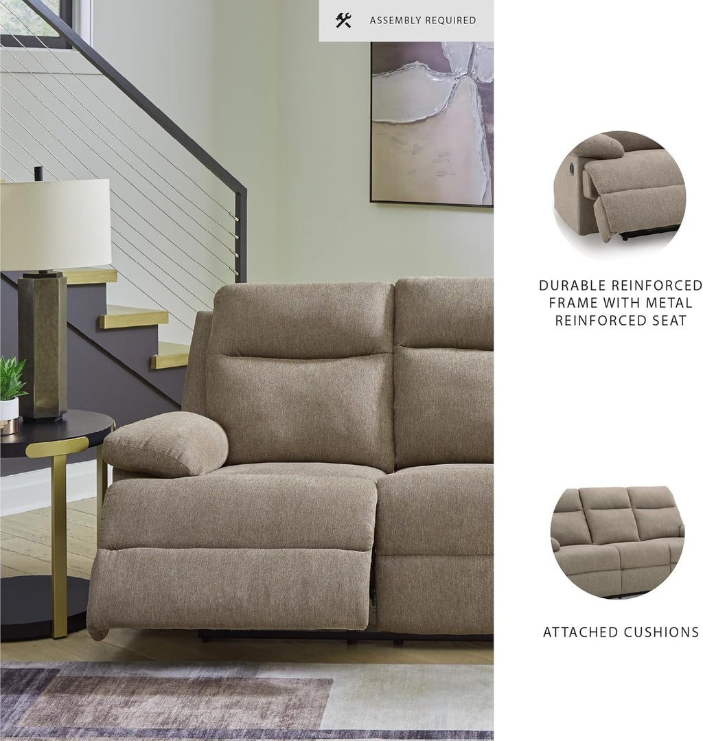 Signature Design by Ashley Reclining Sofa with Drop Down Table and USB Charging, Yarrow Lane Yarrow Lane Collection, Manual Pull Tab, Chenille Fabric for Living Room Comfort, Mocha Brown, 86" W