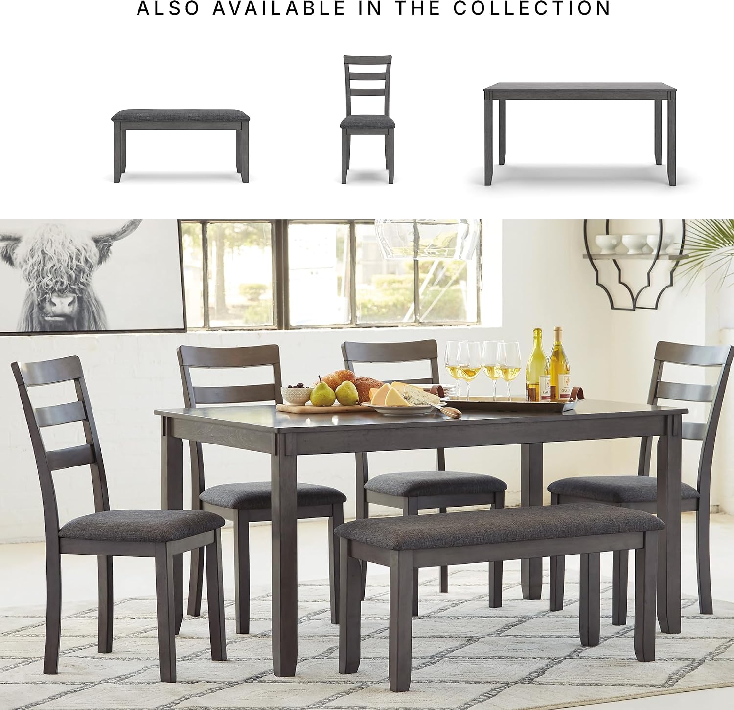 Signature Design by Ashley Bridson Dining Table Set For 6 With Bench, Wood 6‑Piece Kitchen Table And Chairs With Upholstered Seats, Transitional Charcoal Gray Dining Room Collection For Family Meals