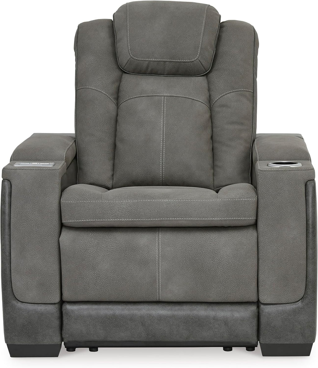 Signature Design by Ashley Next-Gen DuraPella Power Recliner with Adjustable Headrest, Storage Armrests, Wireless & USB Charging, Faux Leather, 2-Tone Gray