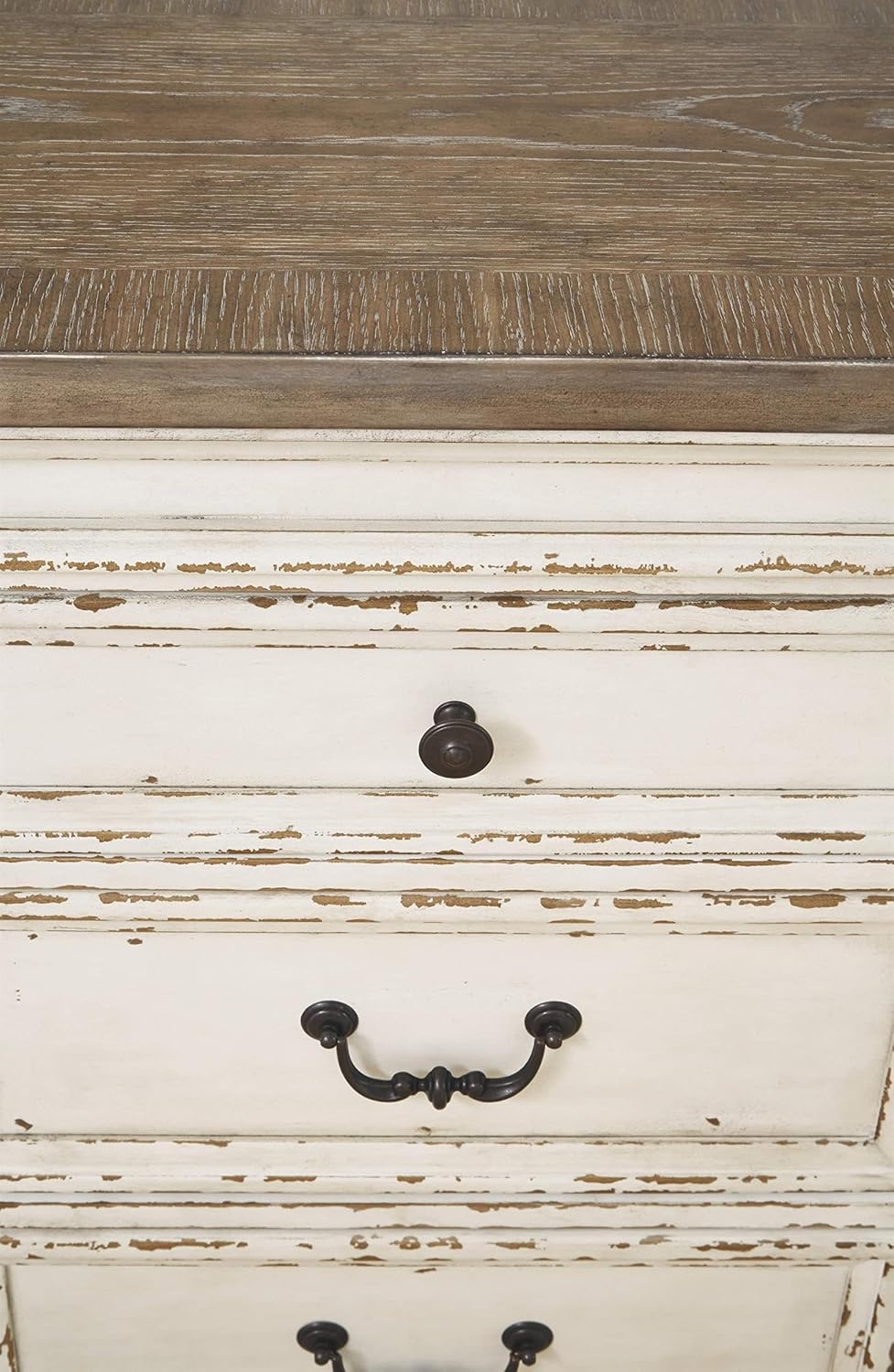 Signature Design by Ashley Realyn French Country Distressed Dining Room Server, 3 Drawers, 2 Cabinet Doors, Wood, 59" W x 17" D x 36.5" H, Chipped White