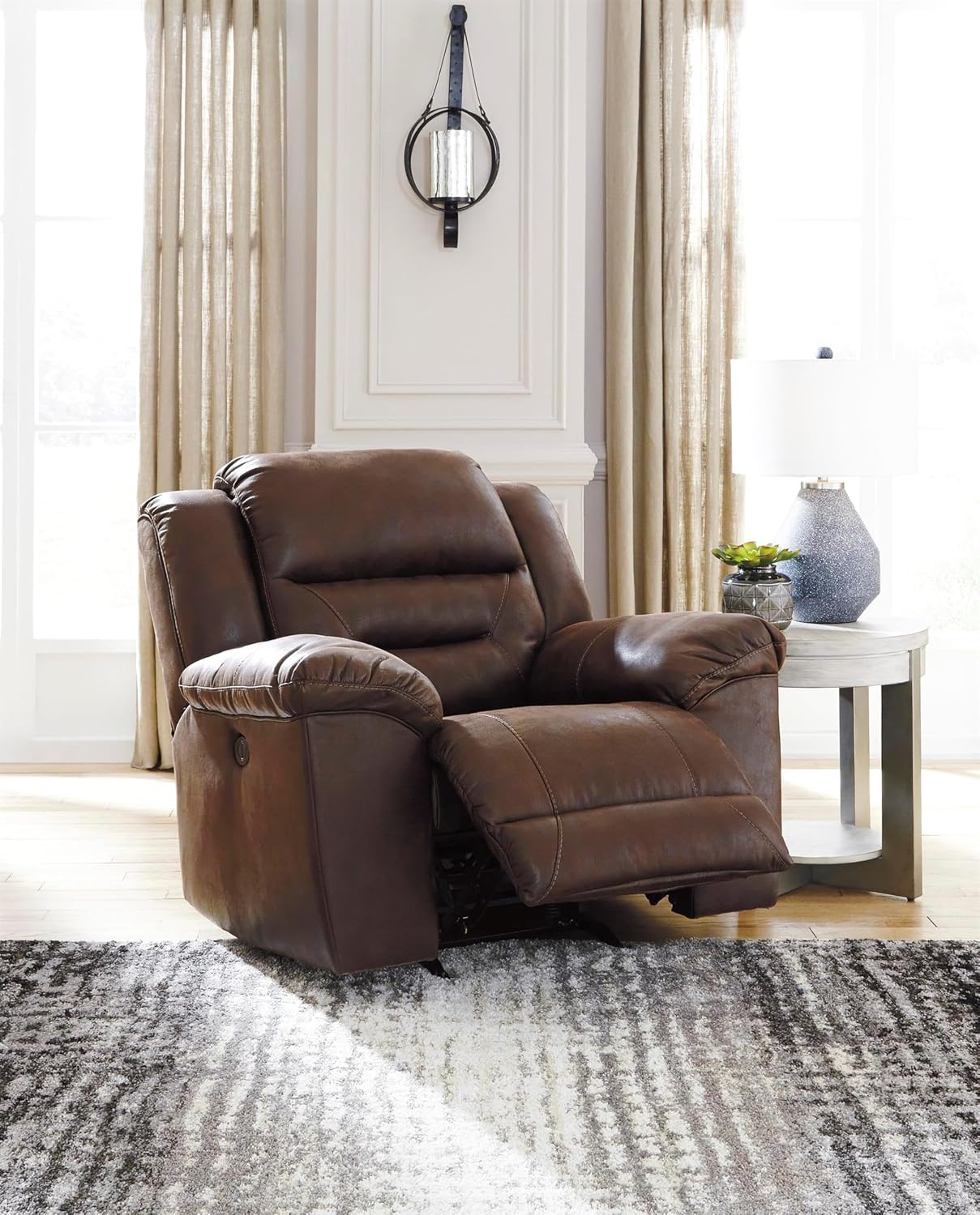 Signature Design by Ashley Stoneland Faux Leather Manual Pull Tab Rocker Recliner, Dark Brown