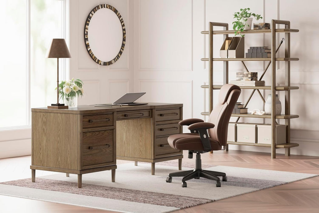 Signature Design by Ashley Roanhowe Contemporary 68" Home Office Desk with 6 Felt-Lined Drawers, USB Charging Ports and Cord Management, Dark Brown