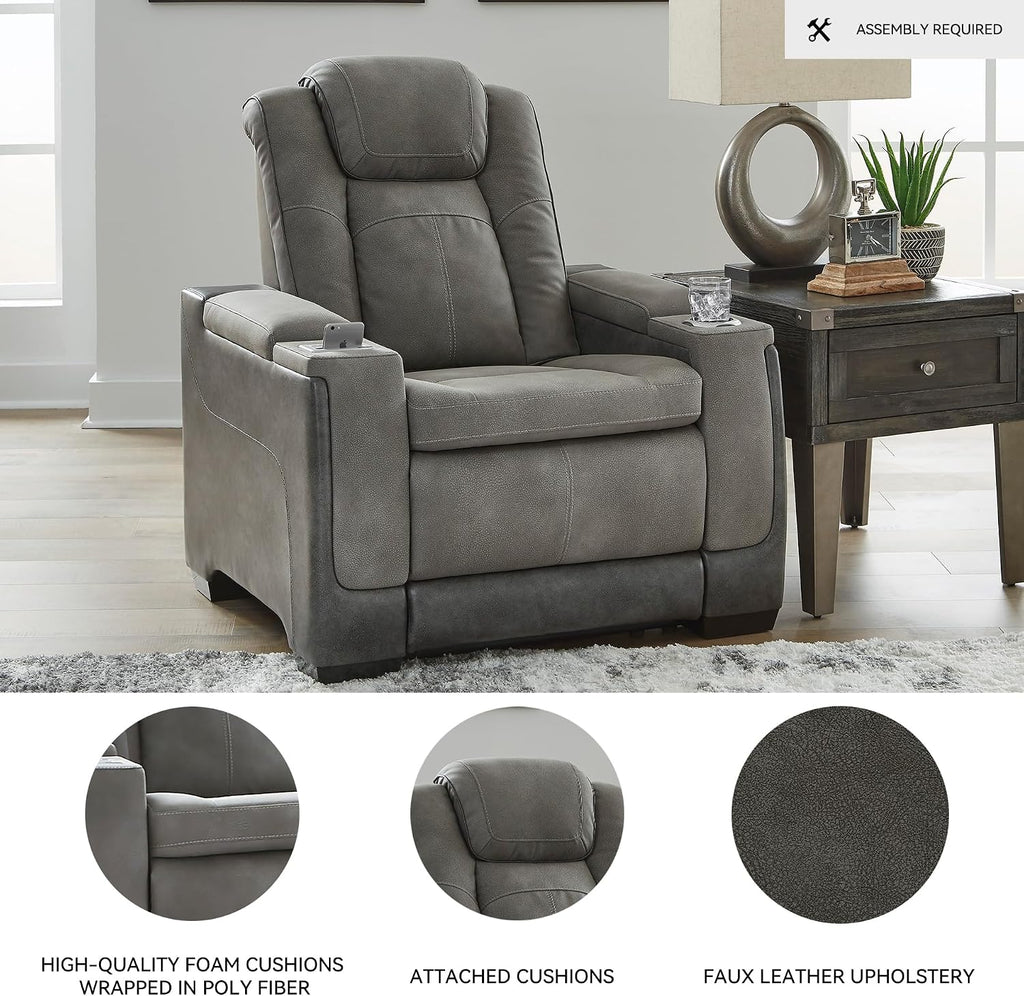 Signature Design by Ashley Next-Gen DuraPella Power Recliner with Adjustable Headrest, Storage Armrests, Wireless & USB Charging, Faux Leather, 2-Tone Gray