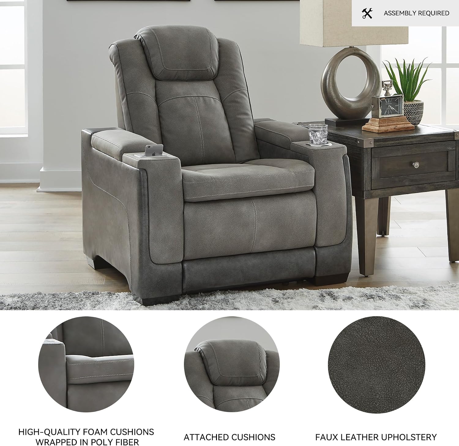 Signature Design by Ashley Next-Gen DuraPella Power Recliner with Adjustable Headrest, Storage Armrests, Wireless & USB Charging, Faux Leather, 2-Tone Gray