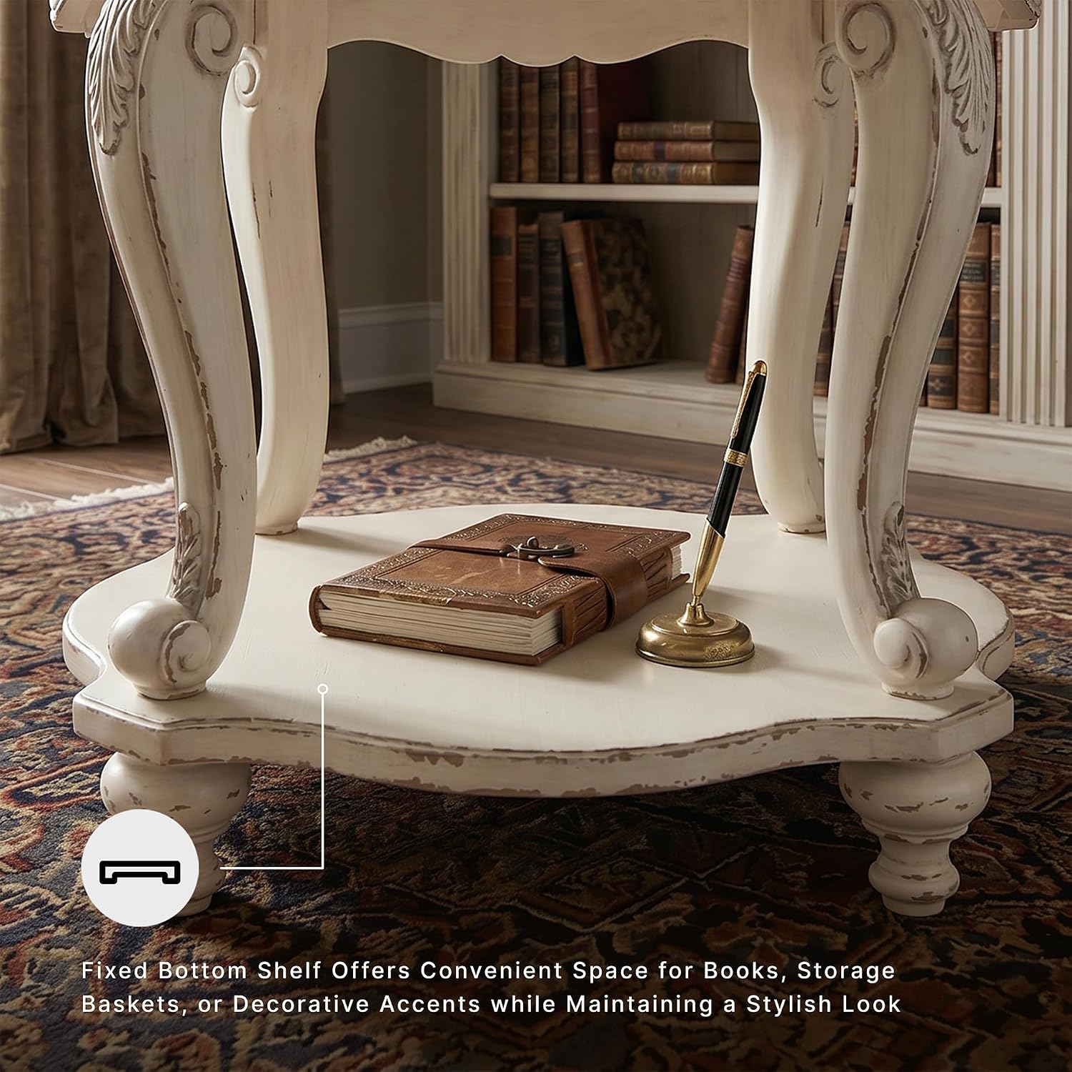 Signature Design by Ashley Realyn Round End Table, Cottage-Style Side Table with Antiqued Two-Tone Finish, Wood & Veneer Construction for Living Room or Bedroom, White/Brown