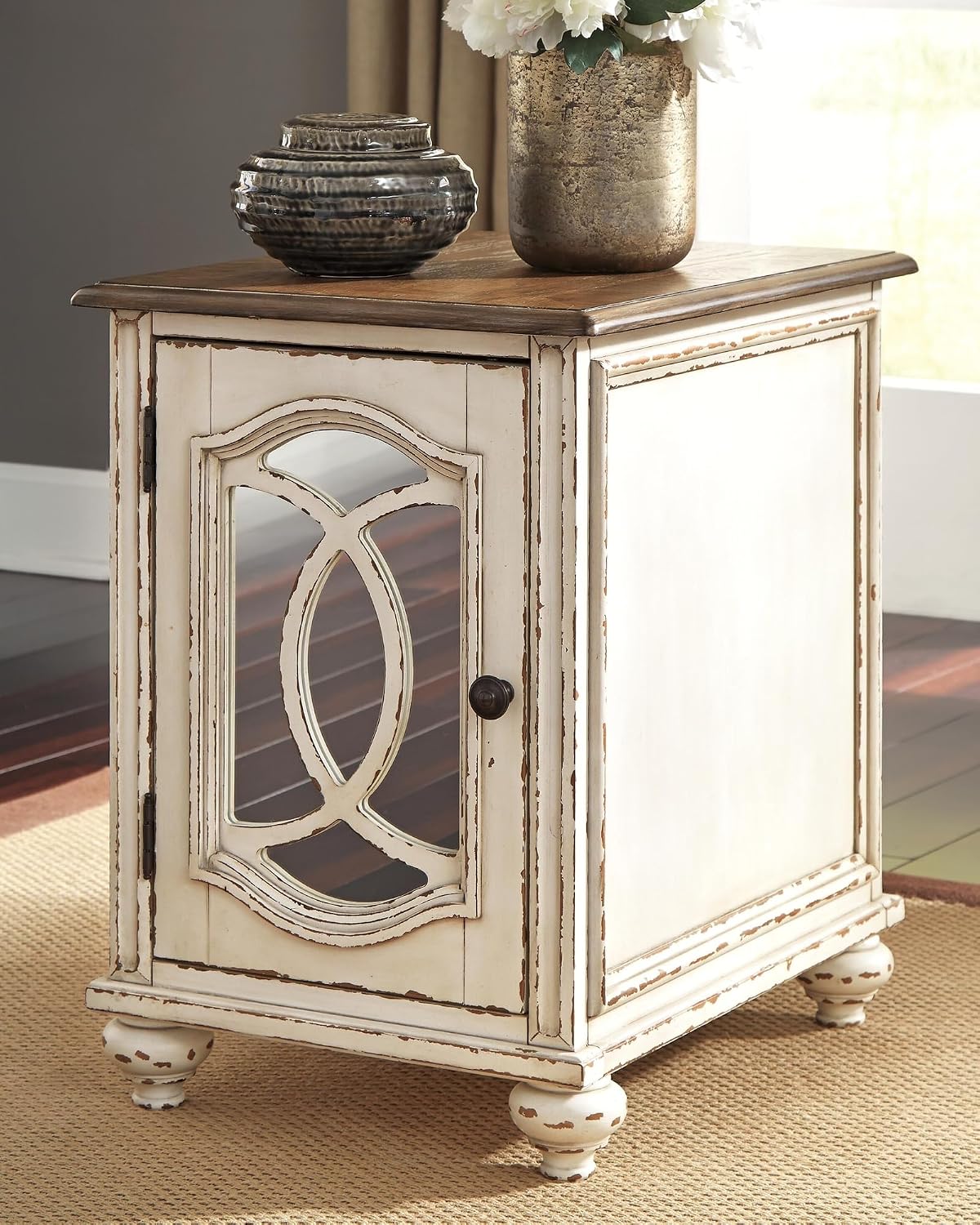 Signature Design by Ashley Realyn Chairside End Table, Living Room Side Table, Antique Two-Tone Mirrored Door, Ash Veneer, Wood and Engineered Wood, White/Brown, 18"W x 24"D x 25"H