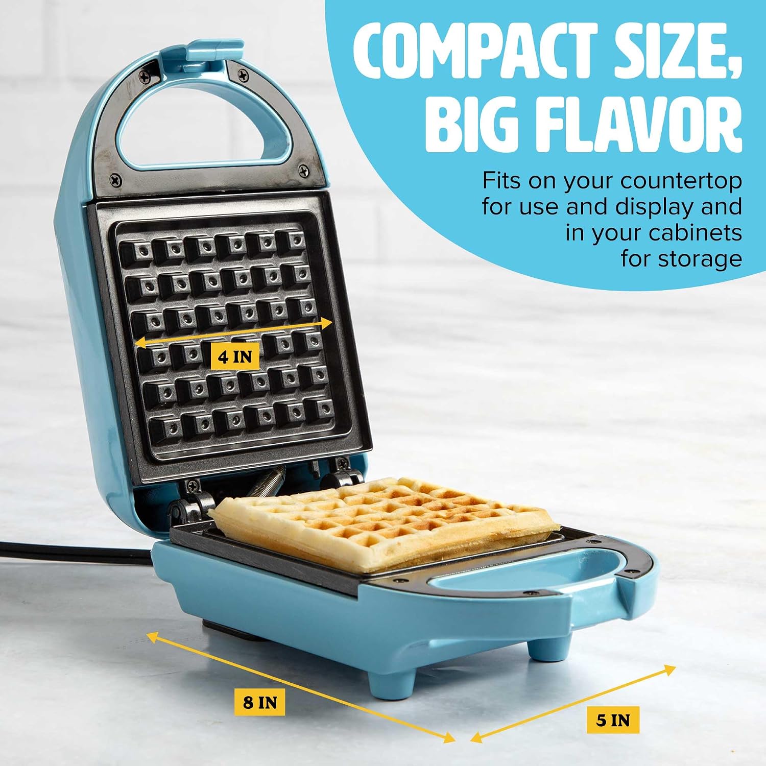 Tasty Mini Nonstick Waffle Maker, Perfect for Individual Waffles, Hash Browns, Brownies and more, Quick Results, Easy Clean Up, 600W, Blue