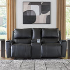 Signature Design by Ashley Glassmere Contemporary Leather Match Reclining Loveseat with Console, 2 Cup Holders and Storage, Black
