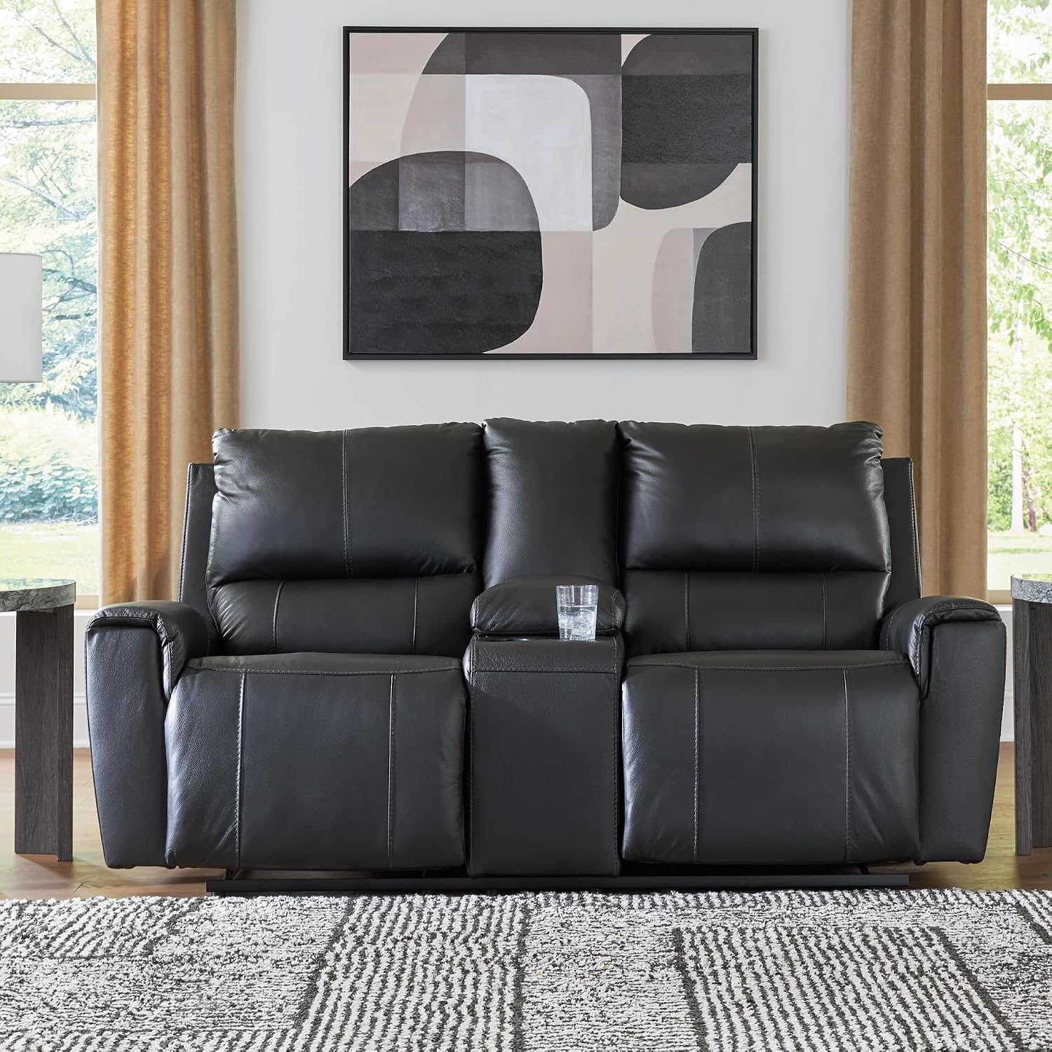 Signature Design by Ashley Glassmere Contemporary Leather Match Reclining Loveseat with Console, 2 Cup Holders and Storage, Black