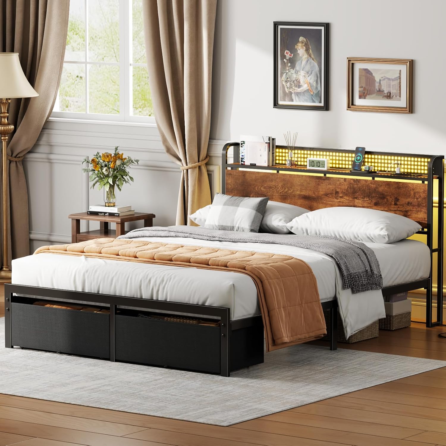 Furnulem Queen Size Bed Frame with Headboard Storage, Platform Bed Frame Queen Size with 2 Drawers, Charging Station and LED Lights, No Box Spring Needed, Noise Free, Easy Assembly (1200 lbs Capacity)