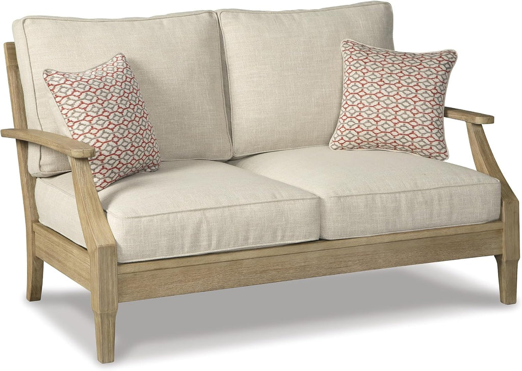 Signature Design by Ashley Clare View Eucalyptus Wood Outdoor Loveseat, Patio Couch with Nuvella Cushions, 56" W x 35" D x 32" H, Beige