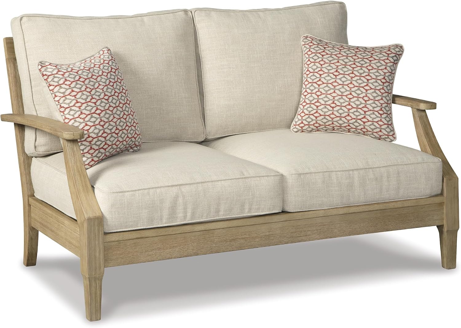 Signature Design by Ashley Clare View Eucalyptus Wood Outdoor Loveseat, Patio Couch with Nuvella Cushions, 56" W x 35" D x 32" H, Beige