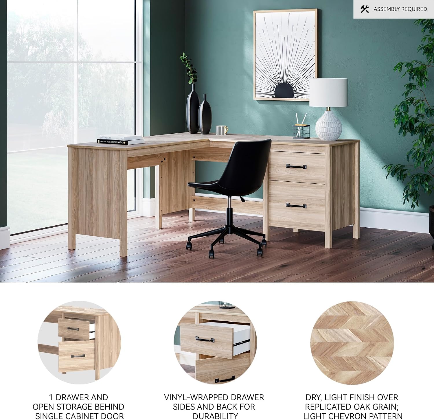 Signature Design by Ashley Battelle Scandinavian 60" Home Office Desk with Return, Drawer and Cabinet, Light Brown